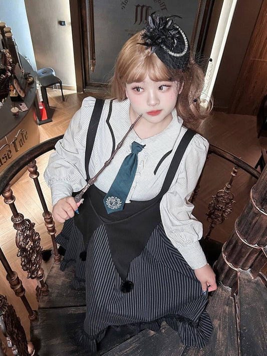 Plus Size White Striped Shirt Ruffle Trim