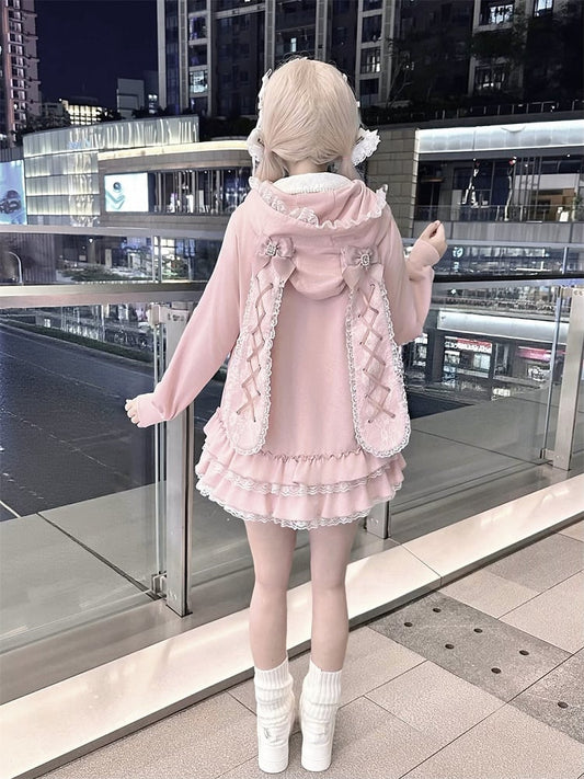 Sweet Pink Jirai Kei Bunny-Eared Hoodie Dress | Tiered Ruffles & Heart Pockets