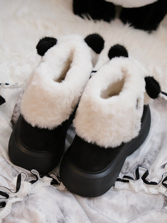 Black Sweet Lolita Platform Snow Boots - Panda Design with Plush Cuff