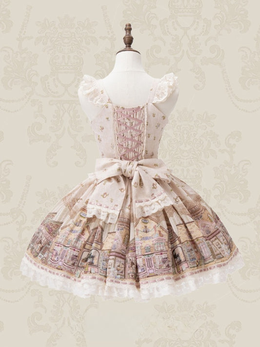 Cream-colored Flutter Sleeves Sweet Lolita JSK Dress with Fairytale Town Print and Bow Accents