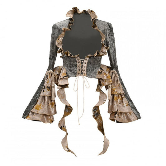 Dusty Green Under Bust Snakeskin Grain Jacket Cascading Ruffle Trim