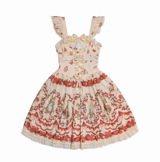 Strawberry and Bunny Print Lace-up Front Yellow Cottagecore Country Lolita Dress Flutter Sleeves Jumper Skirt
