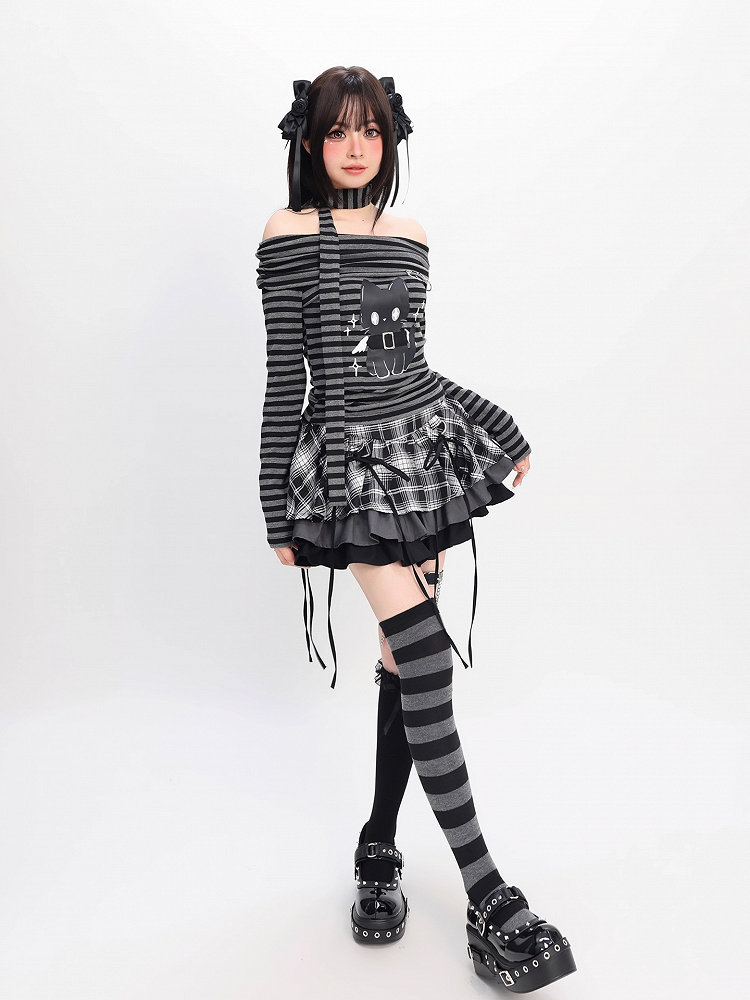 Bittersweet Kitten Print Off-the-shoulder Neckline Black and Gray Striped Top with Scarf
