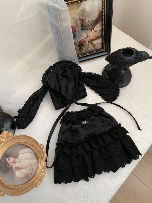 Black Rosette and Bowknot Embroidery Dress + Bunny Ears Hat