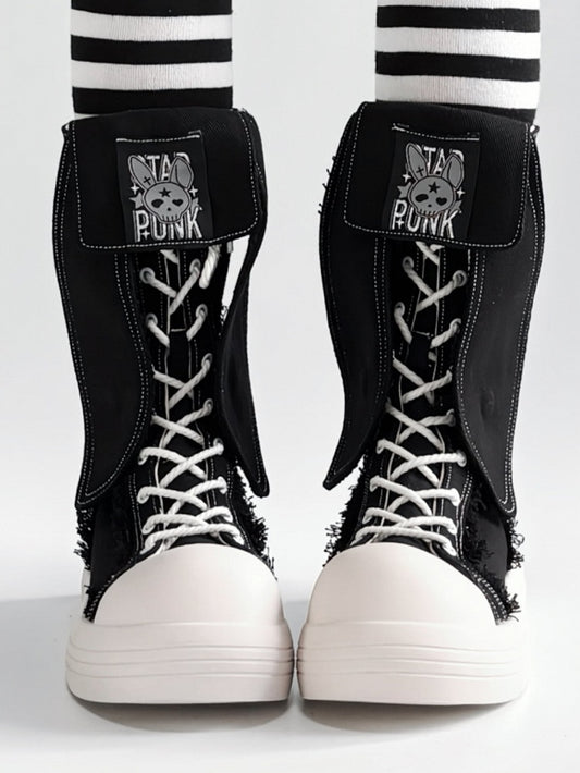 Punk Black Mid-Calf Boots - Bunny Ear Accents with Letter And Rabbit Print, Lace-Up & Inner Zip