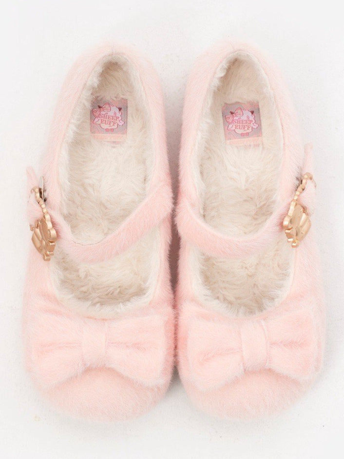 Plush Sweet Pink Flat Shoes for Lolita with Decorative Bow & Hugging Bear Clasps - Regular/Thicken Version