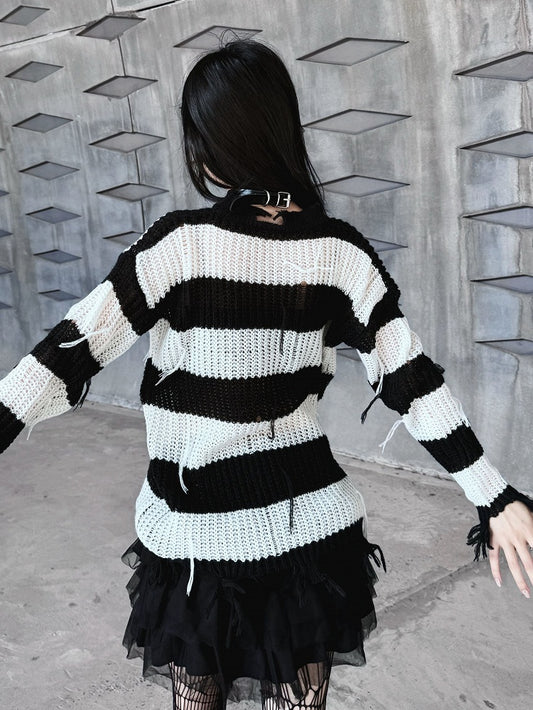 Punk Cross Applique Black and White Striped Distressed Sweater