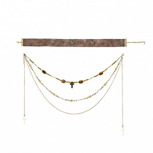 Brown Wasteland Punk Choker With Cross Pendant Beaded Neacklace