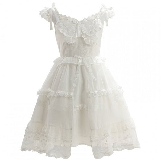 White Flutter Sleeves Butterfly Accent Ruffled Lace Trim Lolita JSK