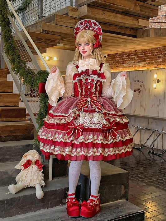 Red Flower Bead Chain Bow Neckline Gorgeous Princess Lolita Dress