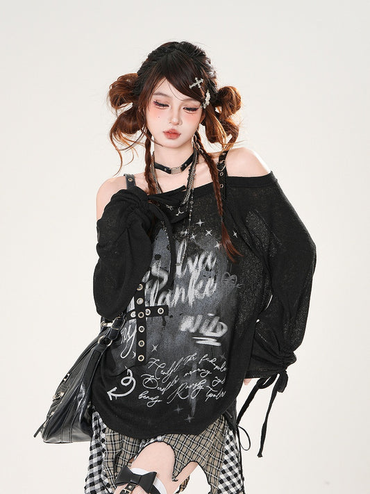 Off-the-shoulder Neckline Criss-cross Design Drawstring Sleeves Black Loose Coverup