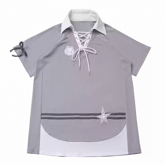 Gray Lace-up Neckline Bunny and Star Applique Loose Dress