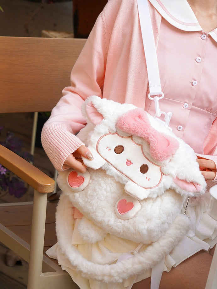 White Lamb Bowknot Plush Flap Backpack Bag Middle/Large Size