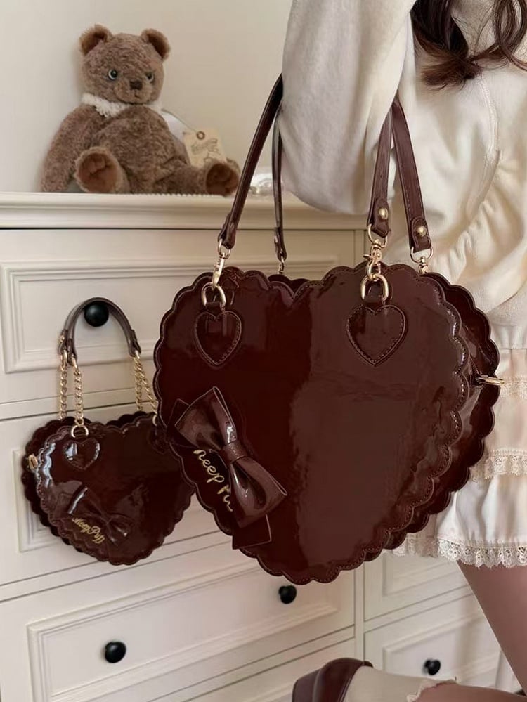 2-Way Heart Cookie Bag in Brown PU - Lolita Style with Bow Decor & Zipper Closure