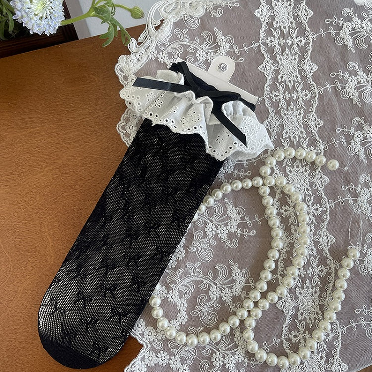 Black/White/Apricot Bowknot Details Lace Trim Hollow-out Socks