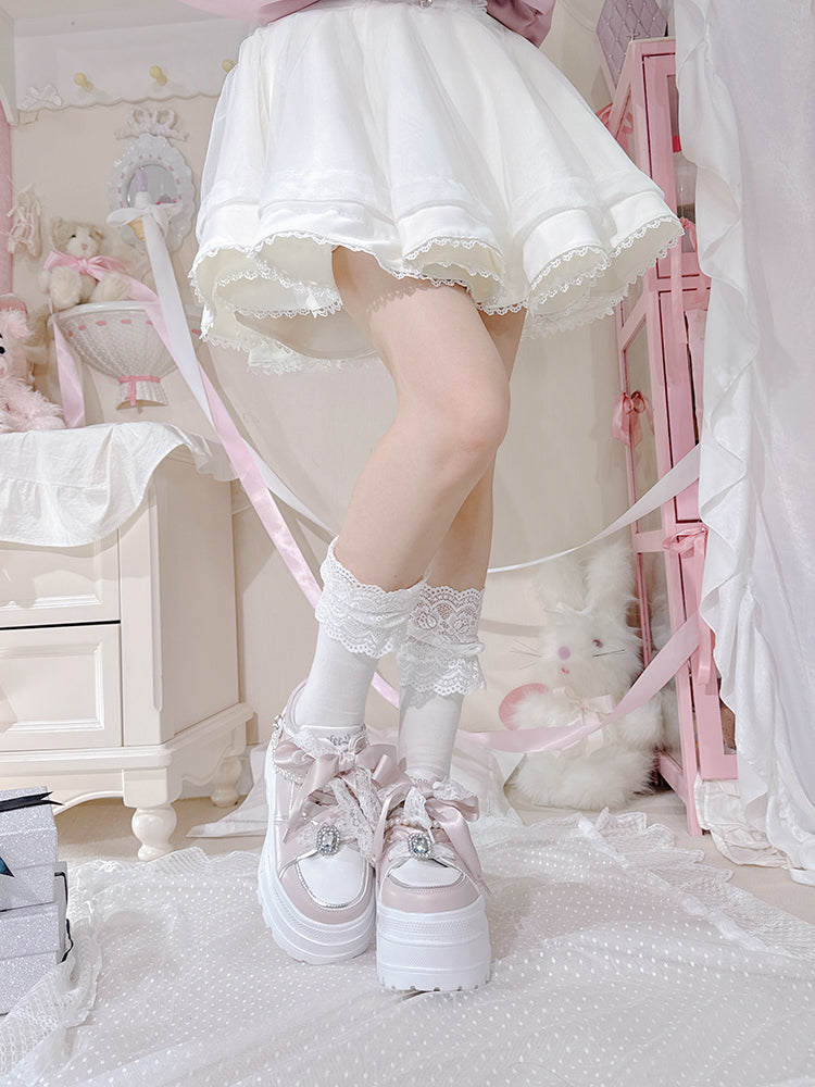 Jirai Kei Pink Rhinestone Platform Shoes with Detachable Beaded Chain