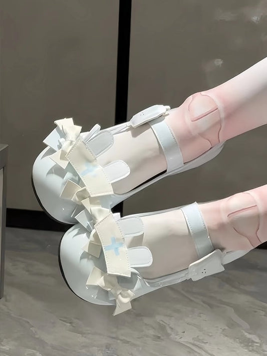 Velcro Fastening with Rabbit-Ear Cap & Bow Details PU Blue Low Heels in Sweet Lolita