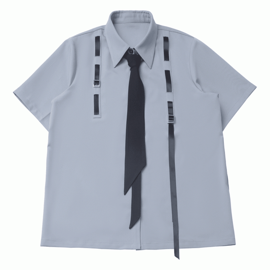 Blue Preppy Style Short Sleeves Shirt with Free Tie