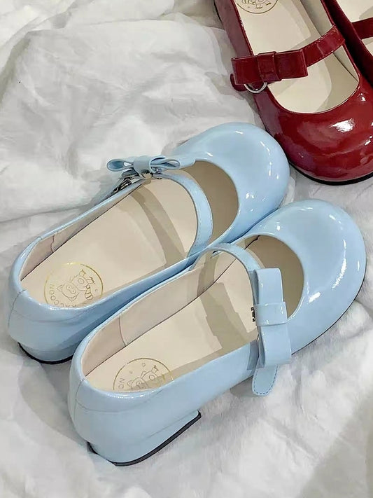Bow Decor Snap-Attached & Low-heel Design PU Blue Mary Janes in Sweet Lolita
