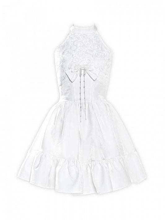 White Halter Neck Fairy Dress Structured Flowers Bodice
