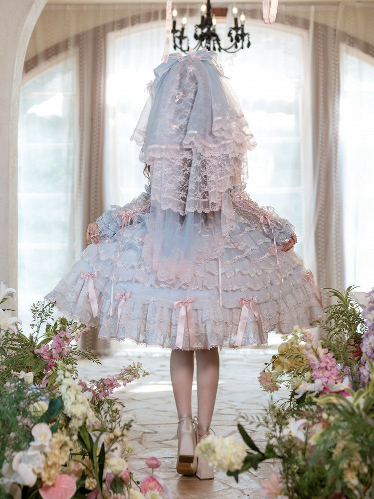 Blue and Pink Hime Lolita Bow Accents Tiered Skirt Princess Dress