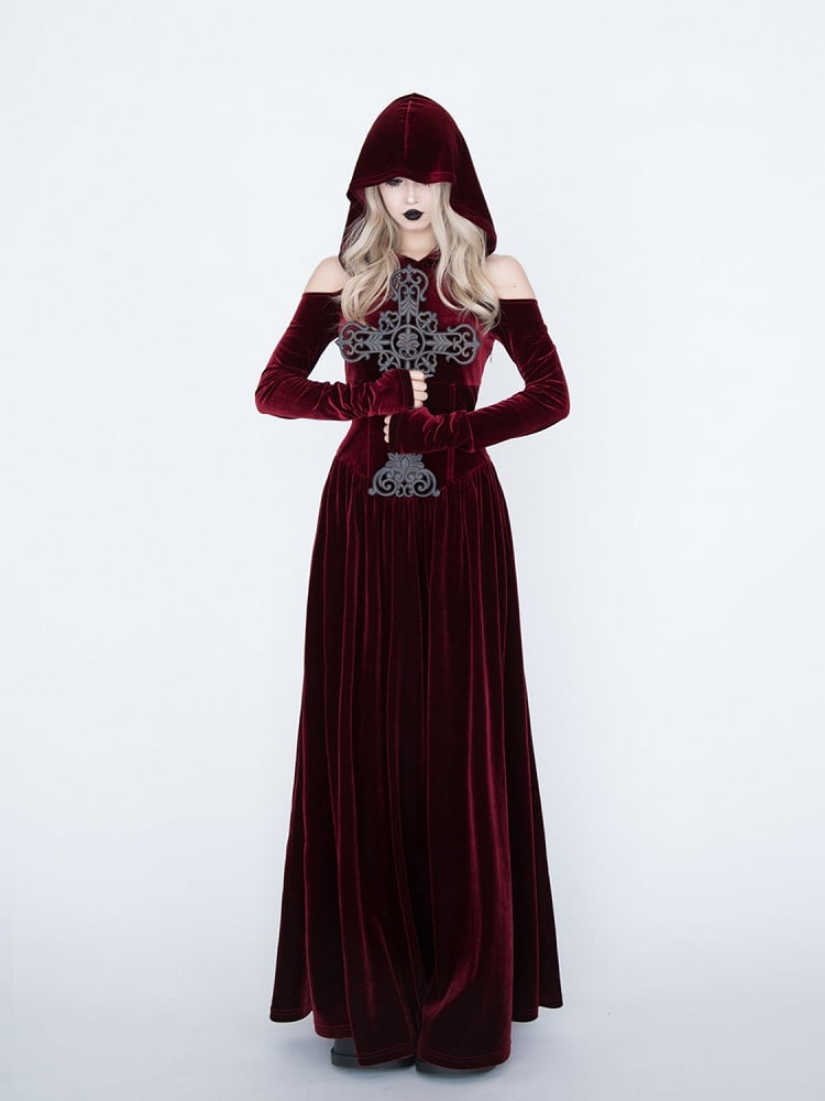 Medieval Witch Red Velvet Cutout Shoulder Gothic Vampire Hooded Dress