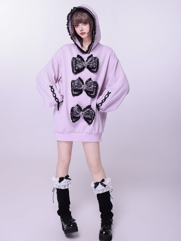 Purple Jirai Kei Lace Bows Decorated Landmine Style Hoodie