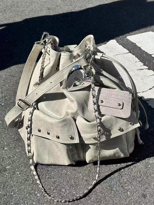 2-Way White Backpack With Drawstring Closure And Chain Straps