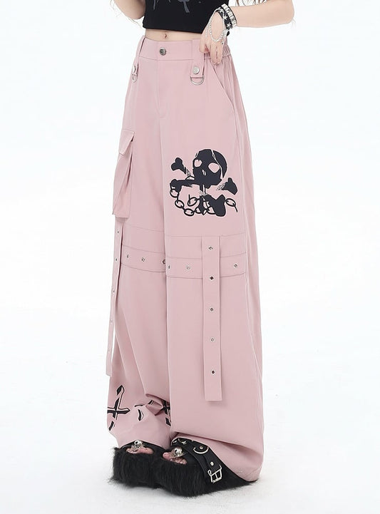 Black/Grey/Pink Skeleton and Cross Print Cargo Pockets Wide-Leg Pants