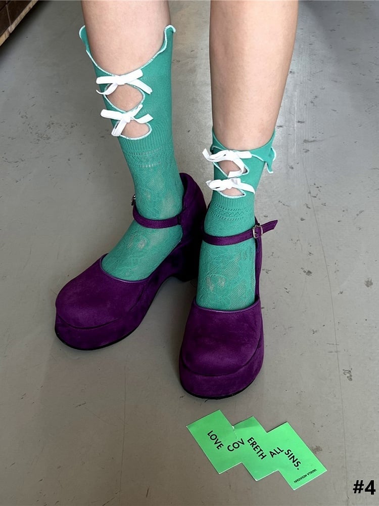 5 Color Options Bowknot Details Cut-Out Design Calf Socks