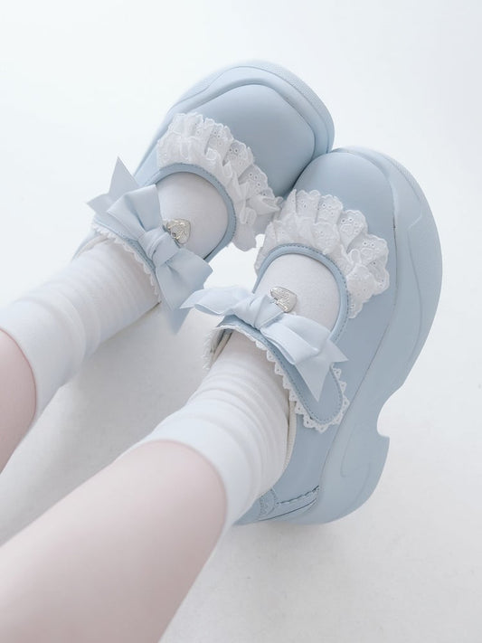 Light Blue Lace Trim Bowknot Velcro Strap Closures Jirai Kei Platforms