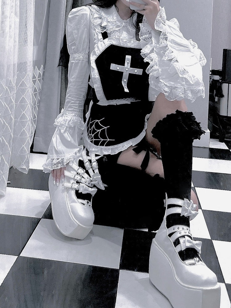 Studs Cross and Spider-web Embroidery Black Maid Apron