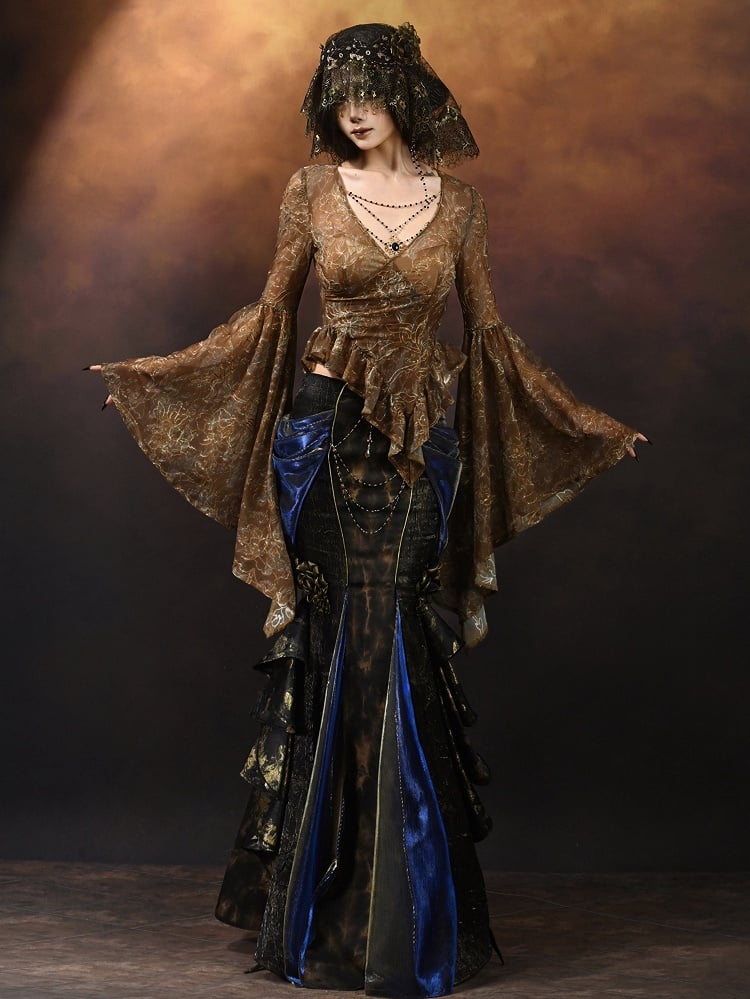 Gold V-neck Wide Flounce Sleeves Top with Removable Bead Chain on Neckline