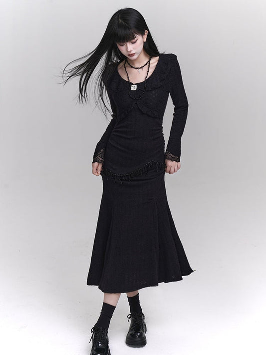 Black Round Neck Bead Details Slim-fitting Mermaid Dress