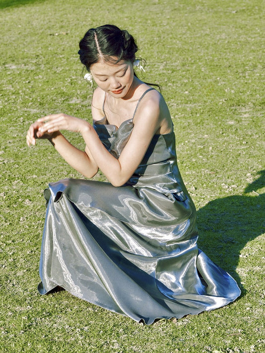 Gray Asymmetrical Flounce Hem Summer Cami Dress