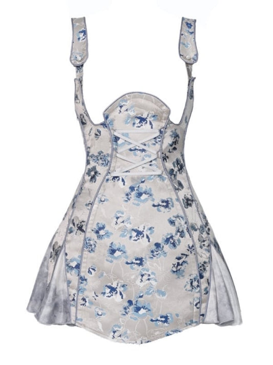 Dusty Blue Under Bust Floral Jacquard Corpse Bride Overall Dress