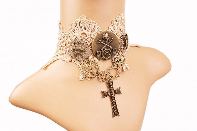Steampunk Gears Cross Pendant Lace Choker