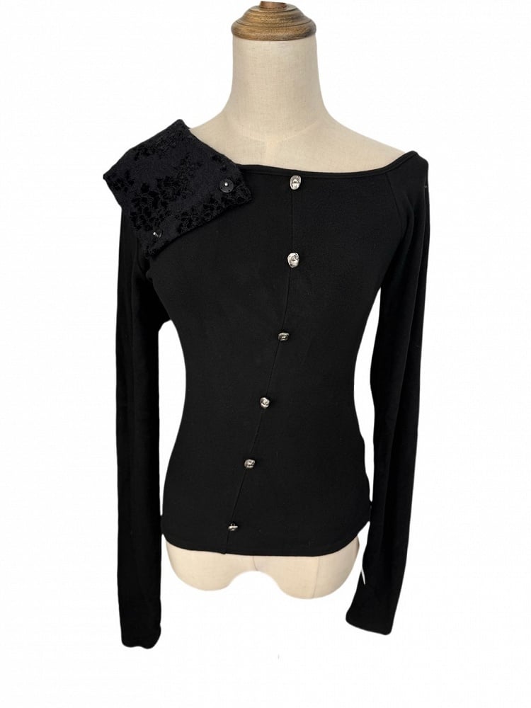Gothic Asymmetrical Button-Up Top with Detachable Flocked Lace Cape