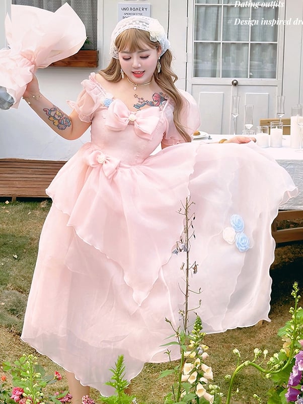 Plus Size Bowknot Details Light Pink Puff Sleeves Princess Dress Long Version