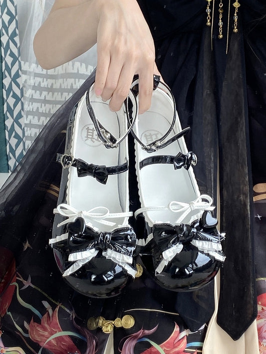Black Ruffle Trim Decorated Bow at Top 3.5CM Sweet Lolita Block Heel Mary Janes