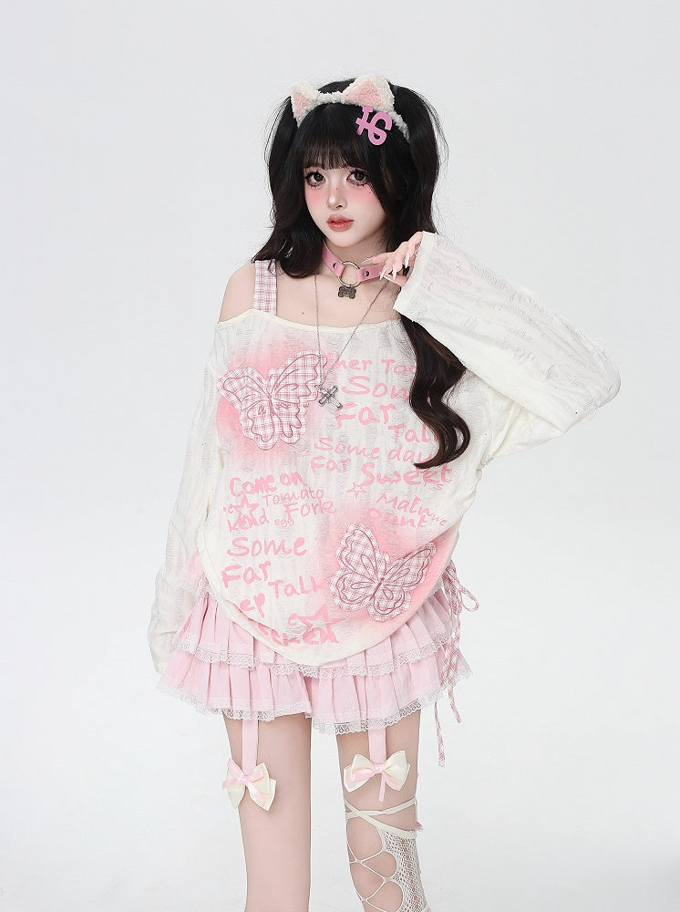 Sweet Pink Plaid Butterfly Appliques Asymmetrical Neckline Black/Apricot Top