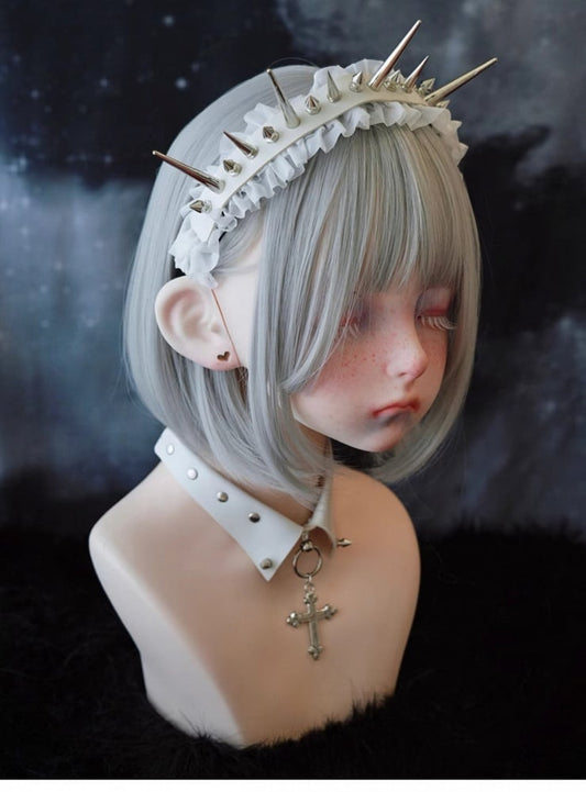 White Gothic Handmade Studs Detail PU Ruffled KC