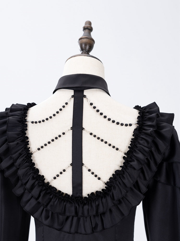 All Black Lace-up Ruffled V-neck Long Sleeves Backless Shirt