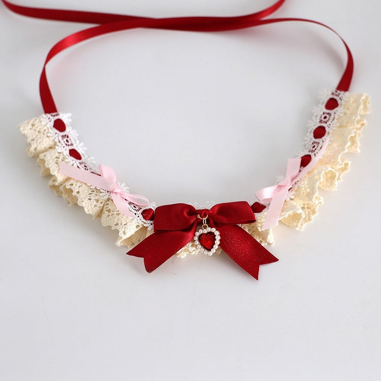 Red&Pink Sweet Lolita Heart Pendant Bowknot Details Ruffled Choker