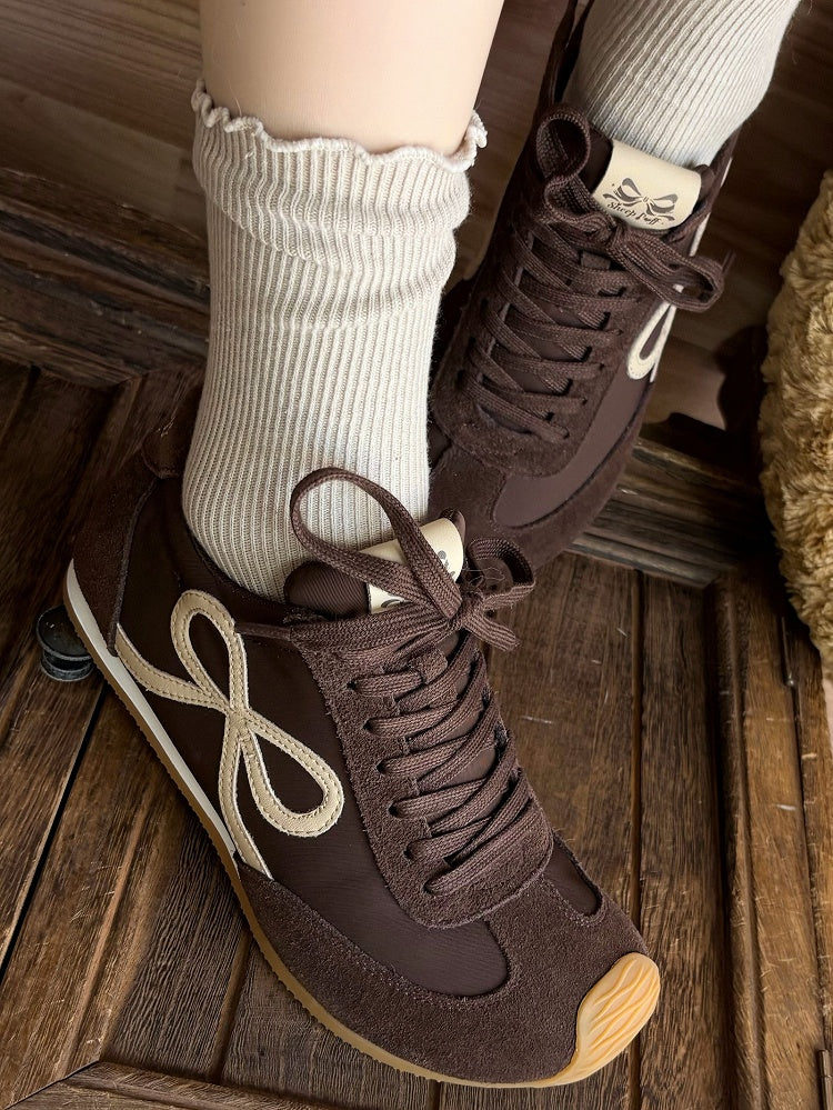 Brown Bowknot Design Front Lace-up Ties Sneakers