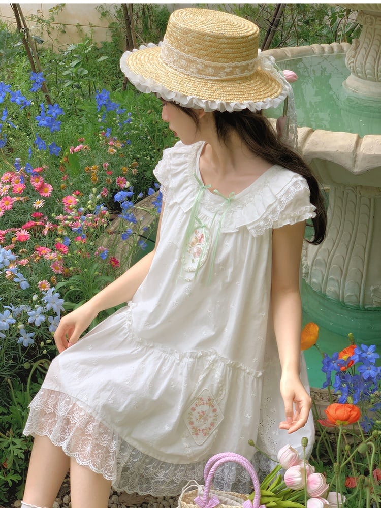 White Floral Embroidery Lace Trim Mori Kei Dress