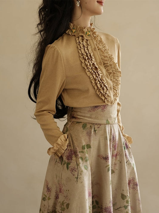 Milk White/Khaki Vintage Floral Ruffled Trim Blouse