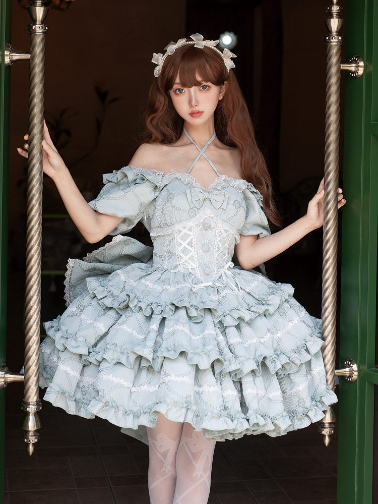 Green Corset Waist Dress Ruffle Skirt Princess Lolita OP with Big Bow at Back