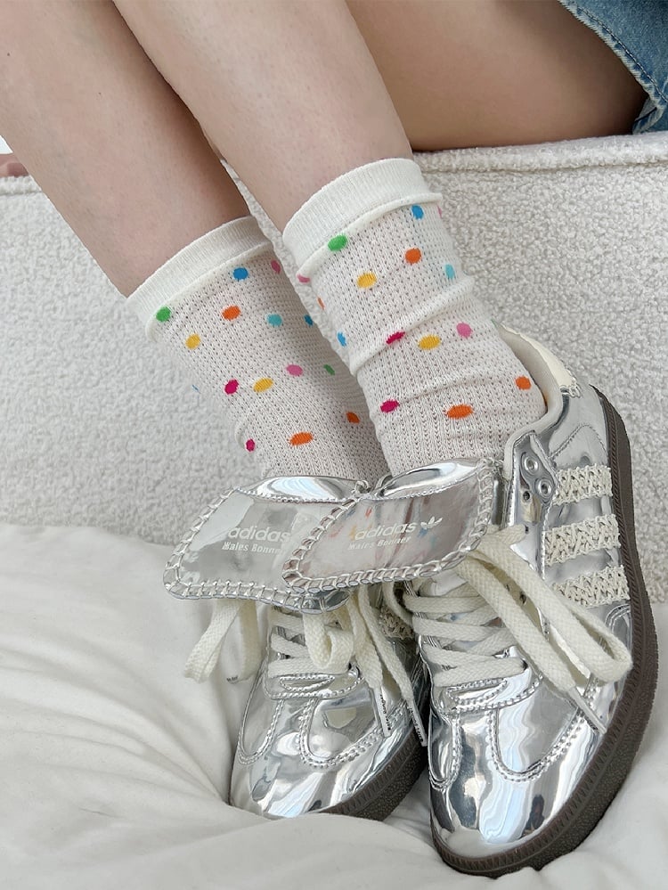 White Polka-dot Pattern Ribbed Trim Socks