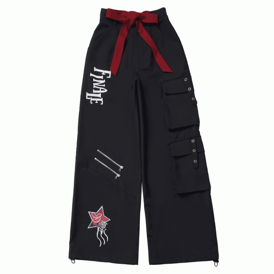 Black Double Zippers Drawstring Cuffs Straight-leg Cargo Pants